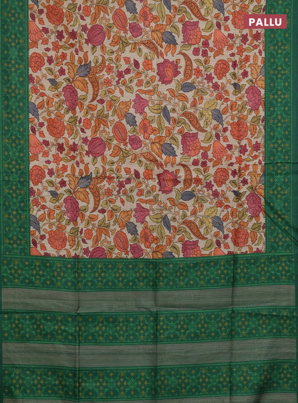 Semi tussar saree beige and green with allover kalamkari prints and patola printed border