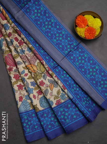 Semi tussar saree beige and navy blue with allover kalamkari prints and patola printed border