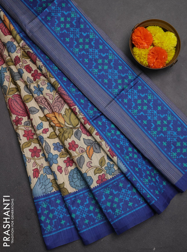 Semi tussar saree beige and navy blue with allover kalamkari prints and patola printed border