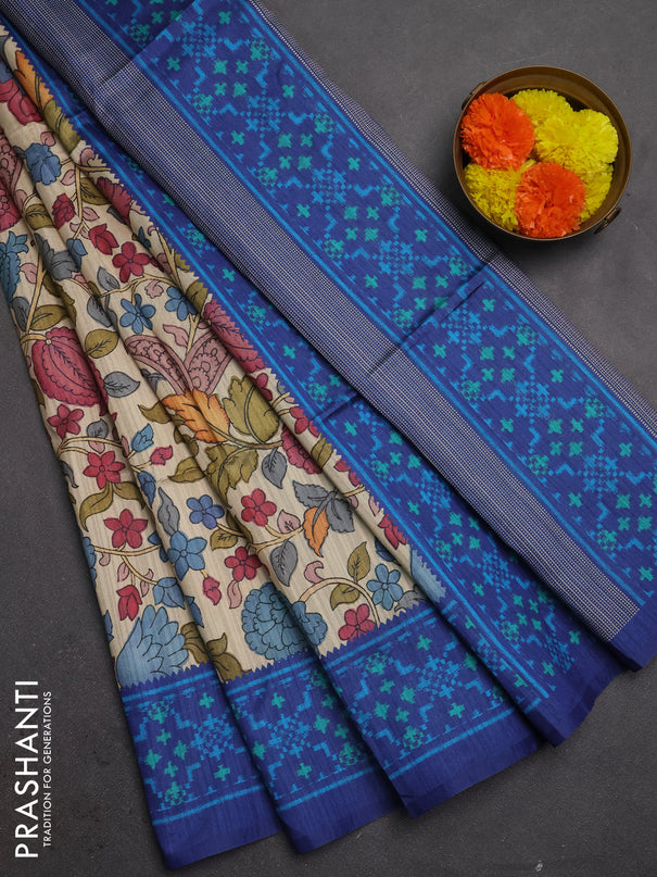 Semi tussar saree beige and navy blue with allover kalamkari prints and patola printed border