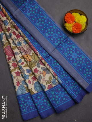 Semi tussar saree beige and navy blue with allover kalamkari prints and patola printed border