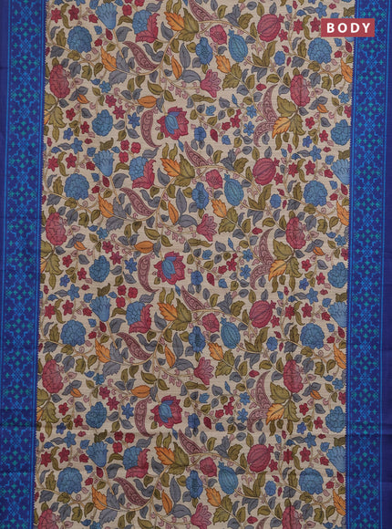 Semi tussar saree beige and navy blue with allover kalamkari prints and patola printed border