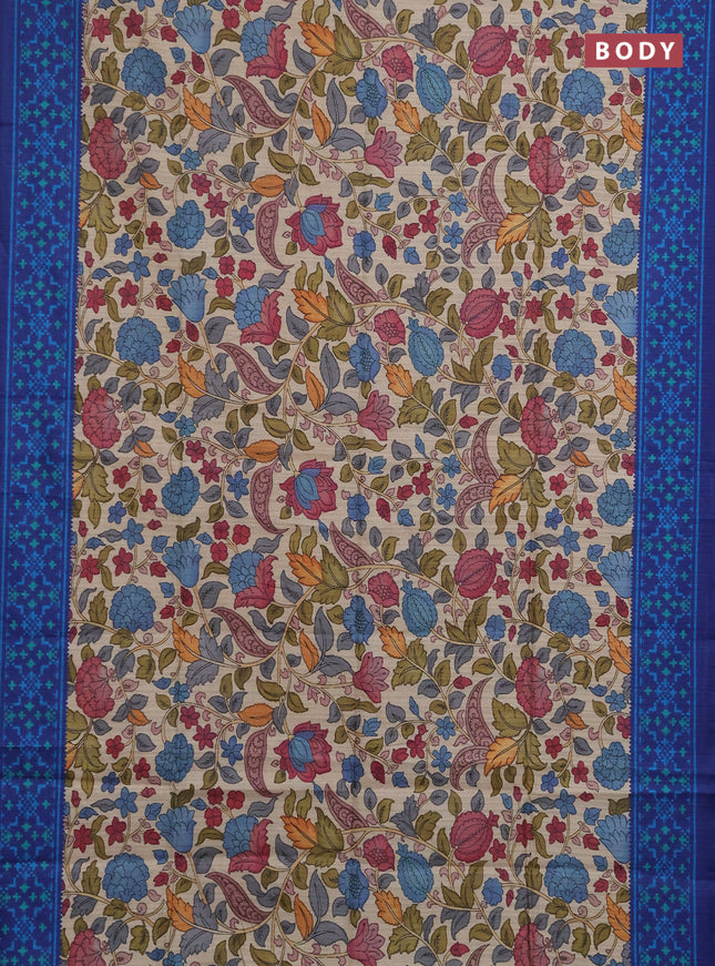 Semi tussar saree beige and navy blue with allover kalamkari prints and patola printed border