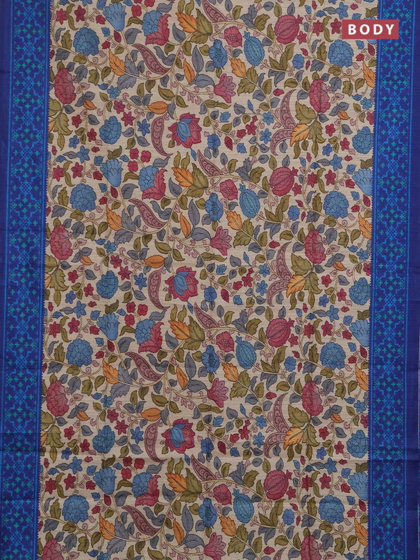 Semi tussar saree beige and navy blue with allover kalamkari prints and patola printed border
