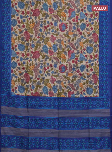 Semi tussar saree beige and navy blue with allover kalamkari prints and patola printed border