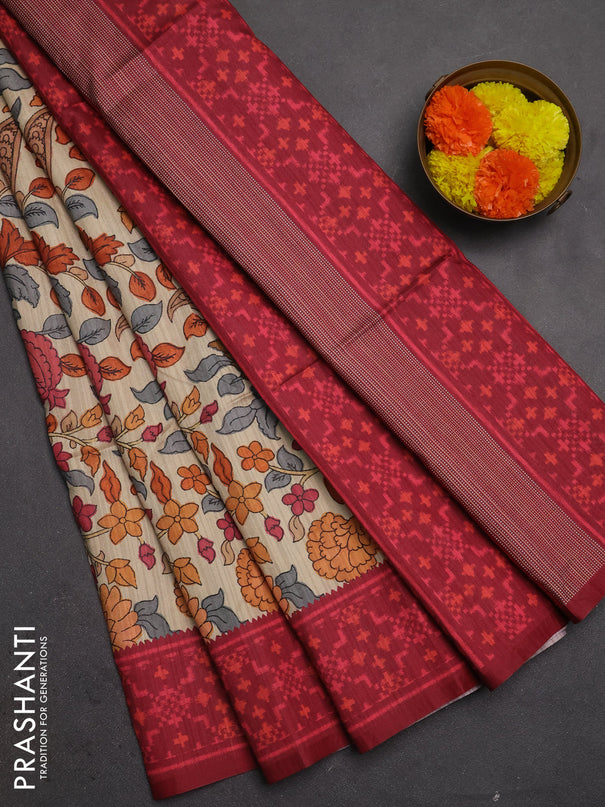 Semi tussar saree beige and maroon with allover kalamkari prints and patola printed border