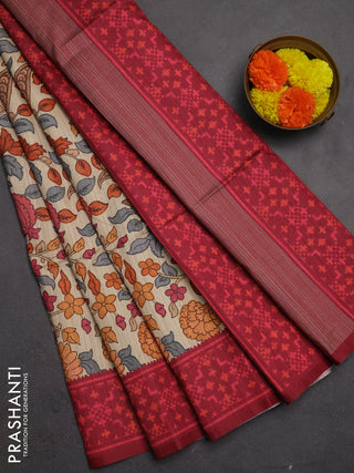 Semi tussar saree beige and maroon with allover kalamkari prints and patola printed border