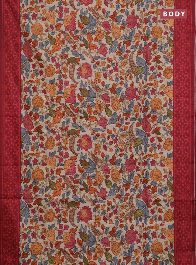 Semi tussar saree beige and maroon with allover kalamkari prints and patola printed border