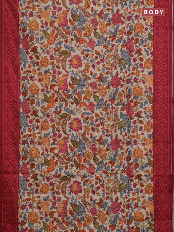 Semi tussar saree beige and maroon with allover kalamkari prints and patola printed border