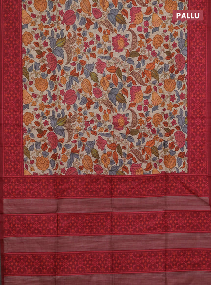 Semi tussar saree beige and maroon with allover kalamkari prints and patola printed border