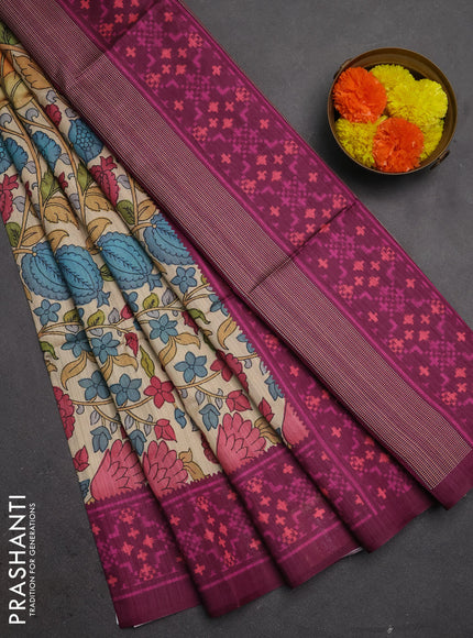 Semi tussar saree beige and magenta pink with allover kalamkari prints and patola printed border