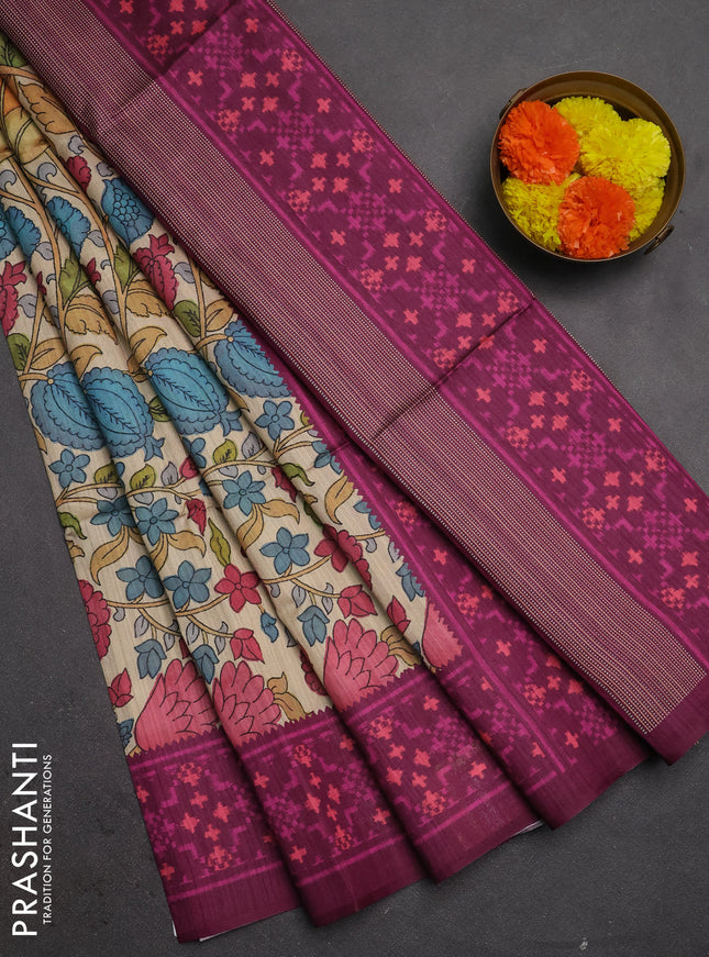 Semi tussar saree beige and magenta pink with allover kalamkari prints and patola printed border