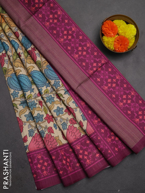 Semi tussar saree beige and magenta pink with allover kalamkari prints and patola printed border