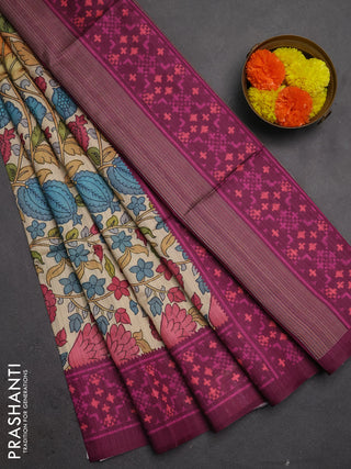 Semi tussar saree beige and magenta pink with allover kalamkari prints and patola printed border