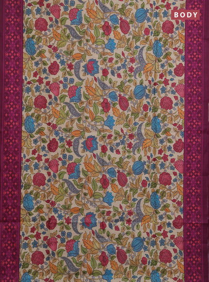 Semi tussar saree beige and magenta pink with allover kalamkari prints and patola printed border