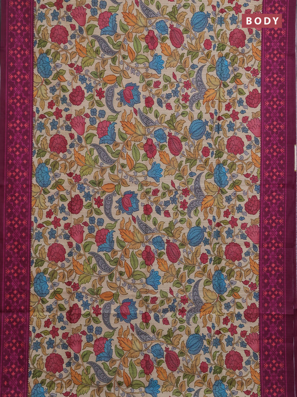 Semi tussar saree beige and magenta pink with allover kalamkari prints and patola printed border