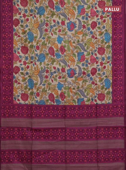 Semi tussar saree beige and magenta pink with allover kalamkari prints and patola printed border