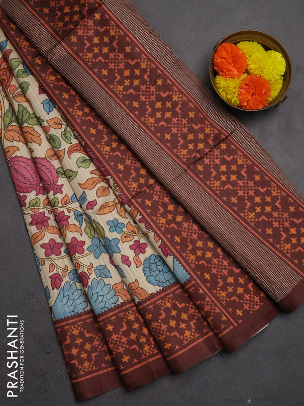 Semi tussar saree beige and coffee brown with allover kalamkari prints and patola printed border