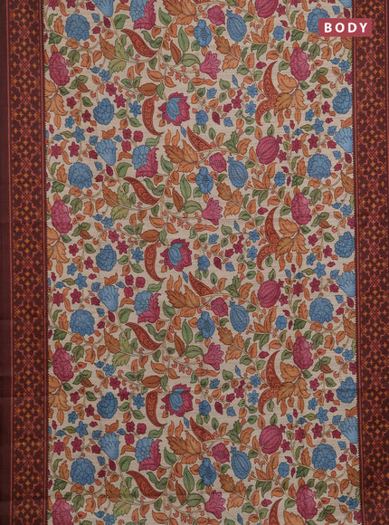 Semi tussar saree beige and coffee brown with allover kalamkari prints and patola printed border