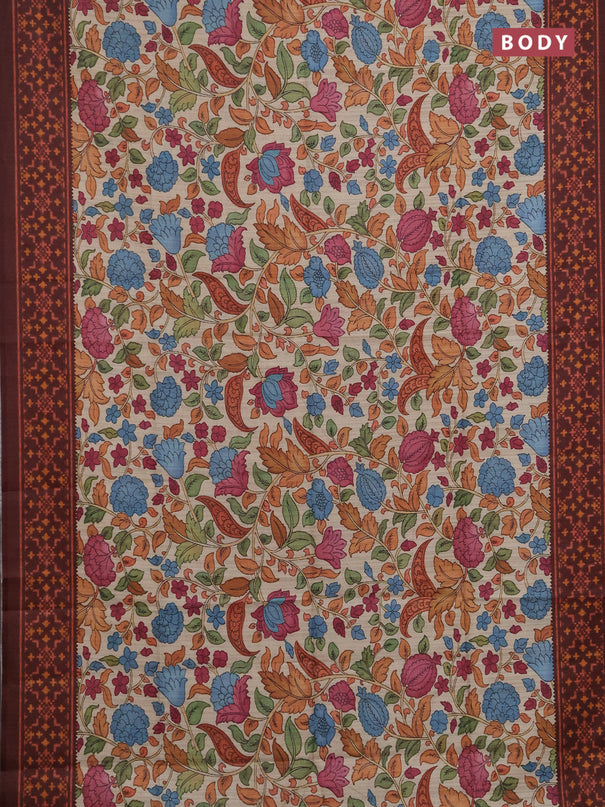 Semi tussar saree beige and coffee brown with allover kalamkari prints and patola printed border