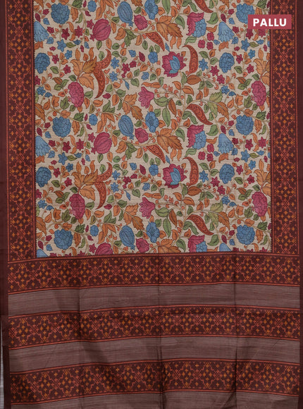 Semi tussar saree beige and coffee brown with allover kalamkari prints and patola printed border