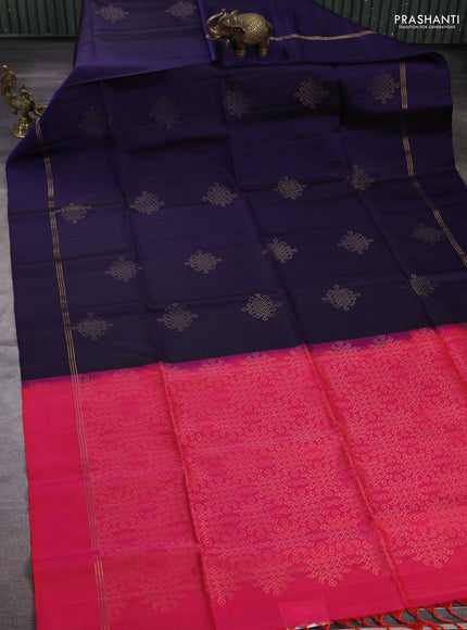 Pure soft silk saree navy blue and dual shade of pinkish orange with allover zari woven buttas and zari woven simple border