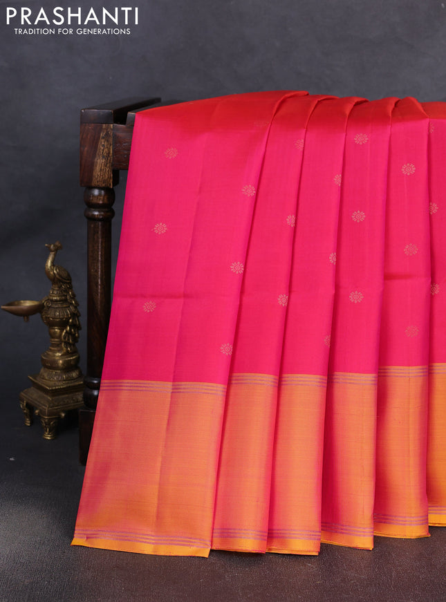 Pure soft silk saree pink and yellow with allover zari woven buttas and rettapet zari woven border