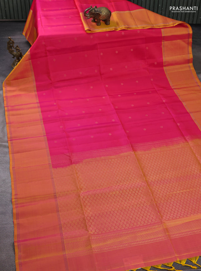Pure soft silk saree pink and yellow with allover zari woven buttas and rettapet zari woven border