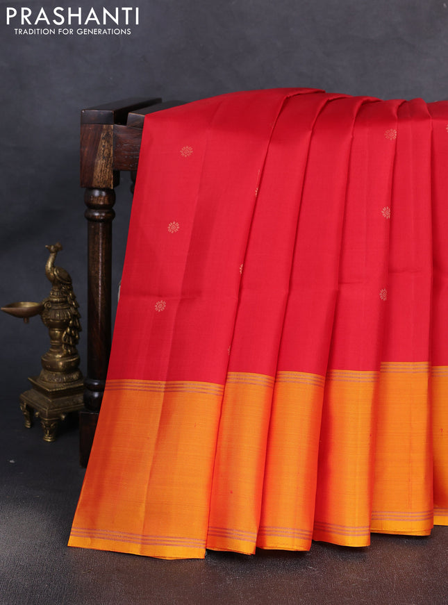 Pure soft silk saree red and mango yellow with allover zari woven buttas and rettapet zari woven border