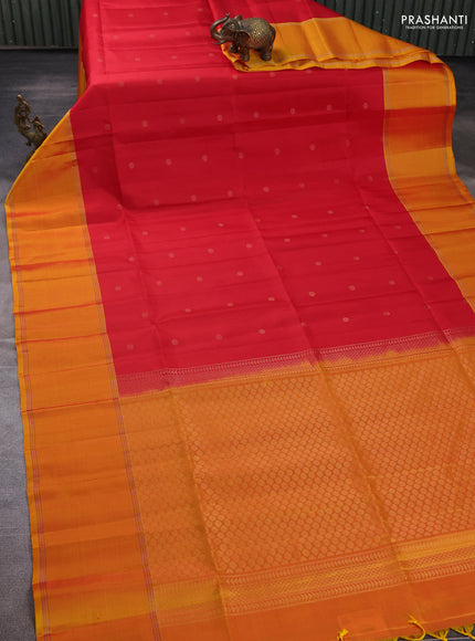 Pure soft silk saree red and mango yellow with allover zari woven buttas and rettapet zari woven border