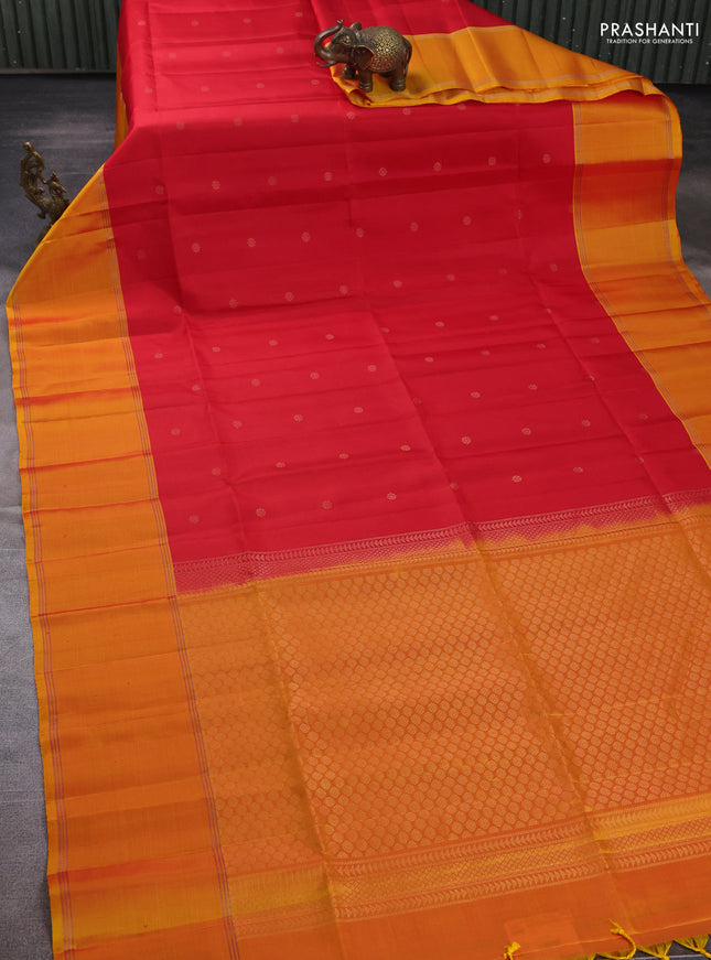 Pure soft silk saree red and mango yellow with allover zari woven buttas and rettapet zari woven border