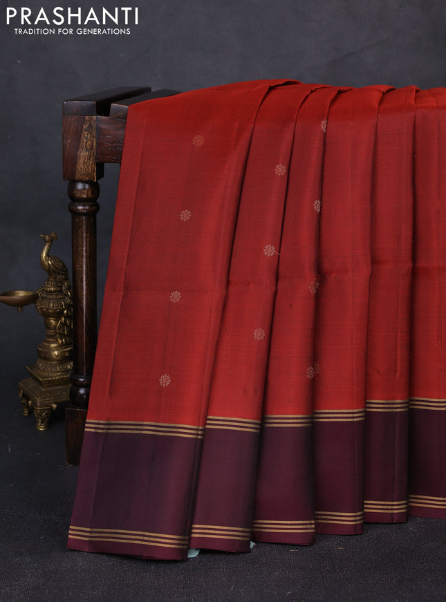 Pure soft silk saree rust shade and deep wine shade with allover zari woven buttas and rettapet zari woven border