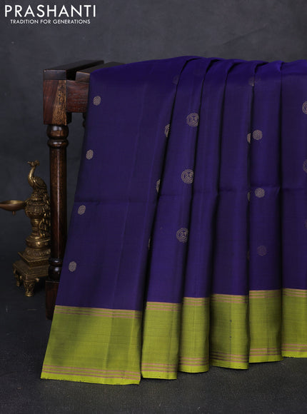 Pure soft silk saree navy blue and light green with allover zari woven buttas and rettapet zari woven border