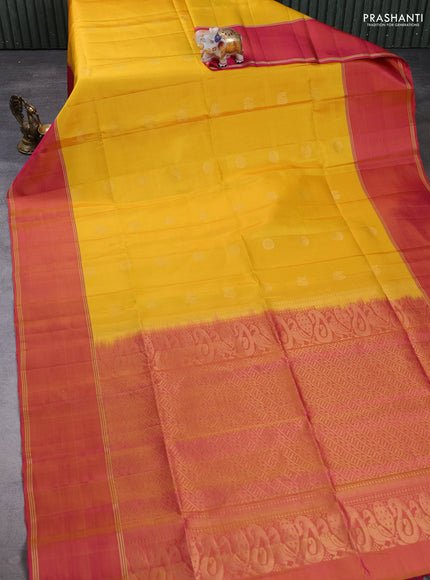 Pure soft silk saree yellow and pink with allover zari woven buttas and rettapet zari woven border