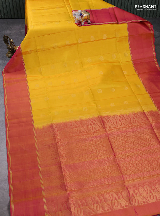 Pure soft silk saree yellow and pink with allover zari woven buttas and rettapet zari woven border