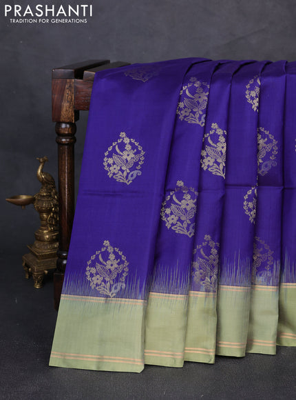Pure soft silk saree blue and pastel green with allover zari woven buttas and rettapet zari woven border