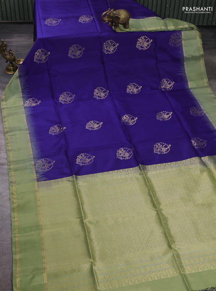 Pure soft silk saree blue and pastel green with allover zari woven buttas and rettapet zari woven border