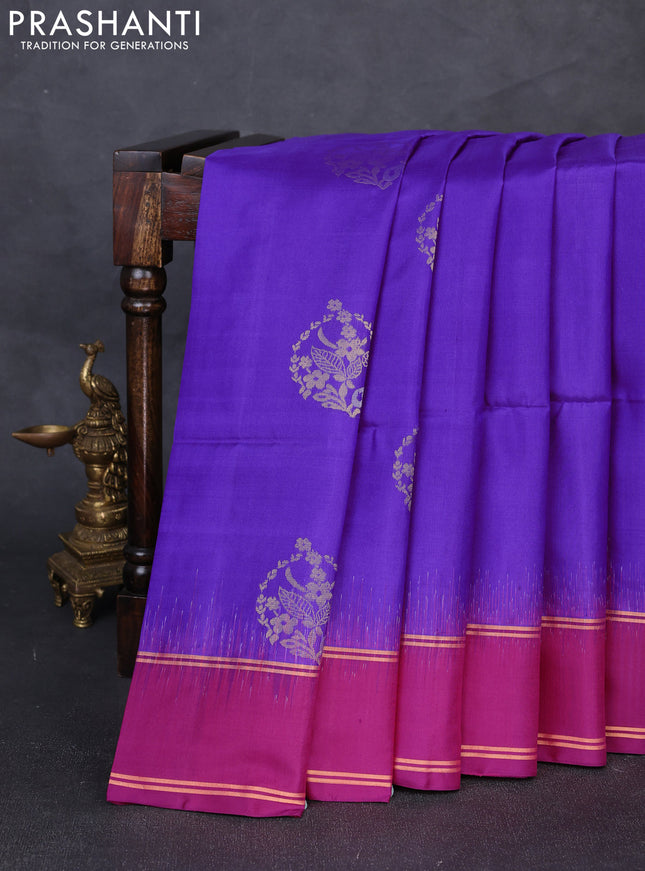 Pure soft silk saree violet and magenta pink with allover zari woven buttas and rettapet zari woven border