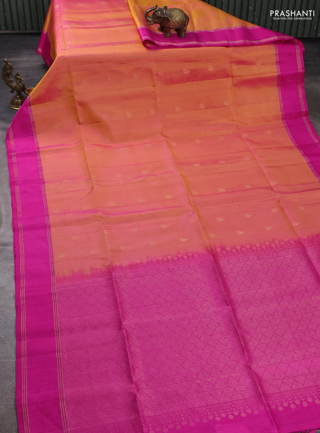 Pure soft silk saree peach shade and pink with allover zari woven buttas and rettapet zari woven border
