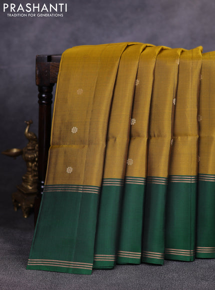Pure soft silk saree mustard green and green with allover zari woven buttas and rettapet zari woven border