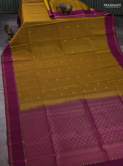 Pure soft silk saree mustard green and magenta pink with allover zari woven buttas and rettapet zari woven border