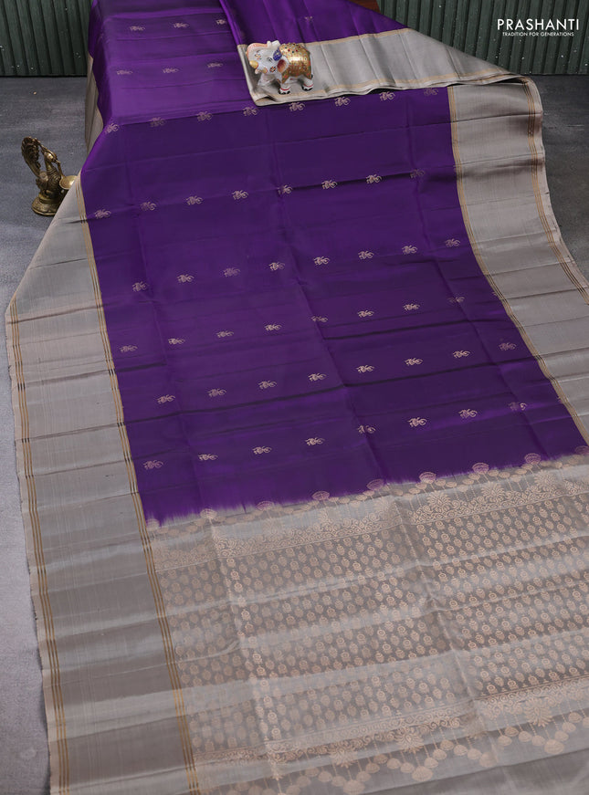 Pure soft silk saree violet and grey with allover zari woven buttas and rettapet zari woven border