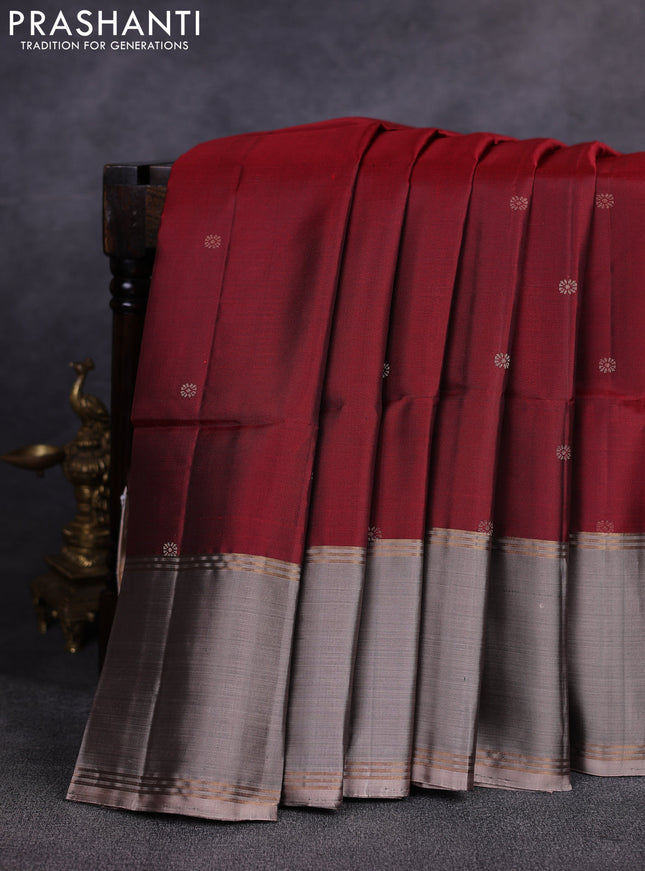 Pure soft silk saree maroon and beige with allover zari woven buttas and rettapet zari woven border