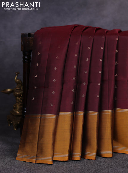 Pure soft silk saree deep wine shade and mustard yellow with allover zari woven buttas and rettapet zari woven border