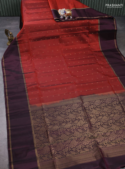 Pure soft silk saree rust shade and deep wine shade with allover zari woven buttas and rettapet zari woven border
