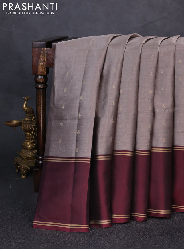 Pure soft silk saree grey and deep maroon with allover zari woven buttas and rettapet zari woven border