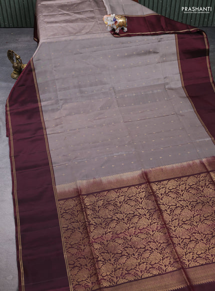 Pure soft silk saree grey and deep maroon with allover zari woven buttas and rettapet zari woven border