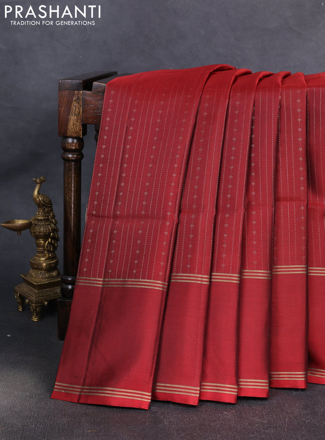 Pure soft silk saree deep maroon with allover zari weaves pattern and rettapet zari woven border