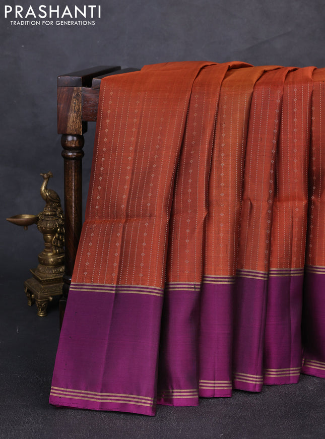 Pure soft silk saree rust shade and deep purple with allover zari weaves pattern and rettapet zari woven border