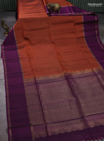 Pure soft silk saree rust shade and deep purple with allover zari weaves pattern and rettapet zari woven border